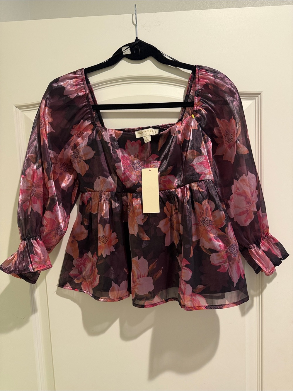 NWT size small Pink floral square neck blouse peplum baby doll thirty thirty